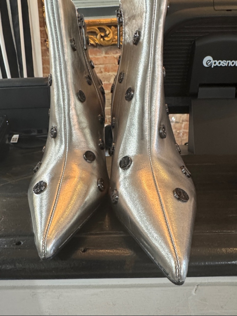 Karl Lagerfeld Silver Pointed Toe Studded Ankle Boots - Picture 3 of 11